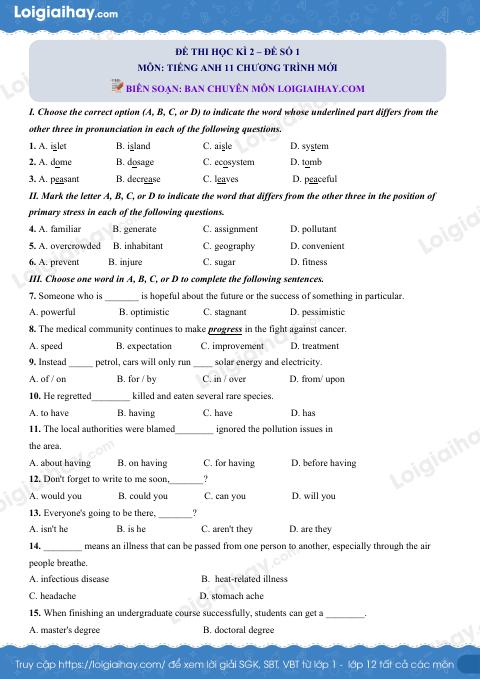 Đề số 1 - Đề thi cuối học kì 2 - Tiếng Anh 11 mới